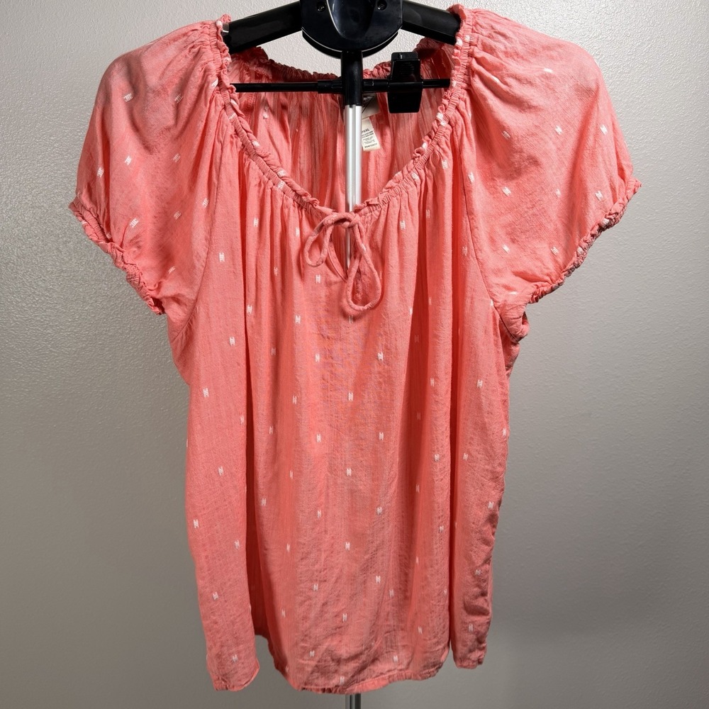 St. John's Bay Casual Polka Doted Top Blouse Women Size P XXL White Pink Cotton